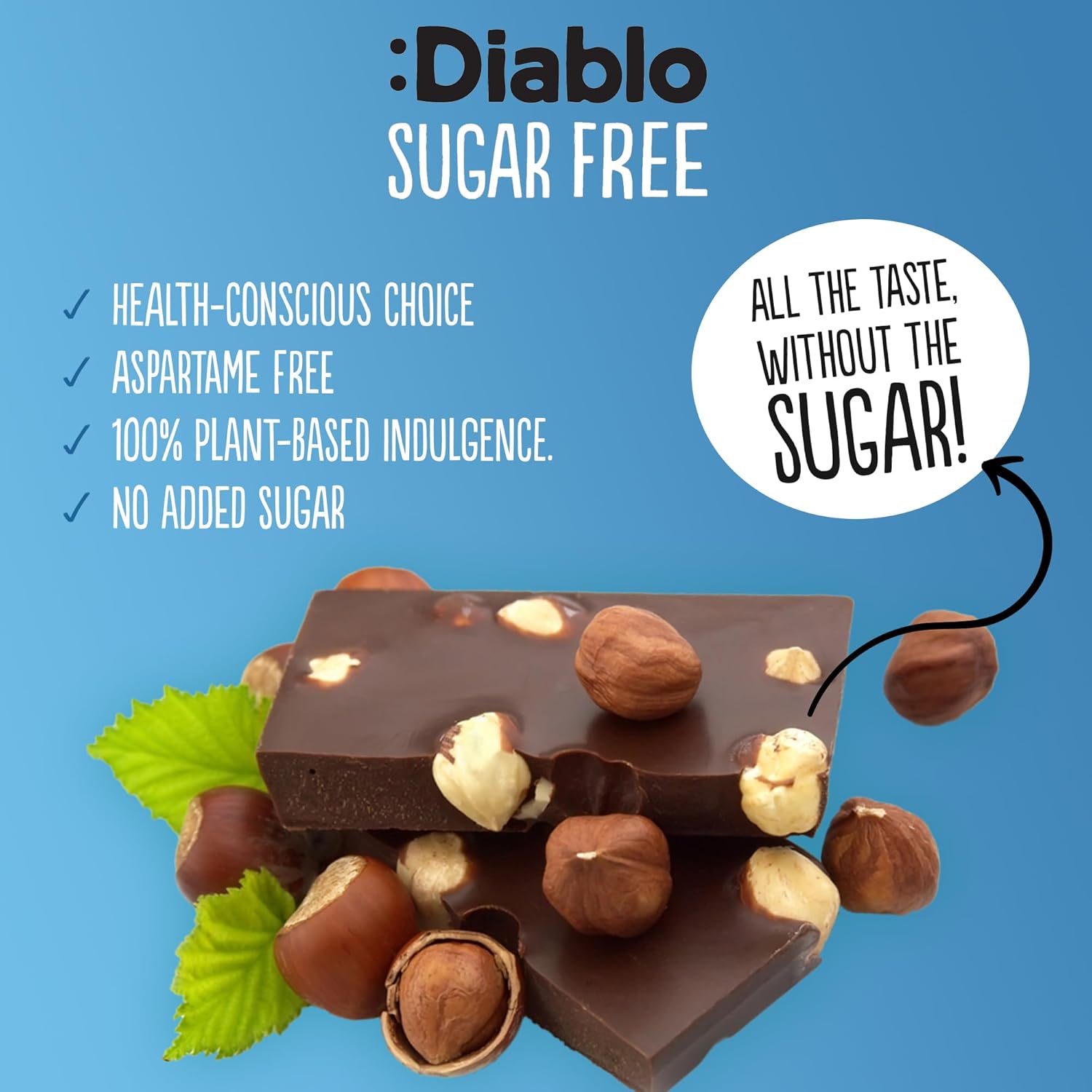 Diablo No Added Sugar Dark Chocolate with Hazelnuts Maltitol 85g - Image 4