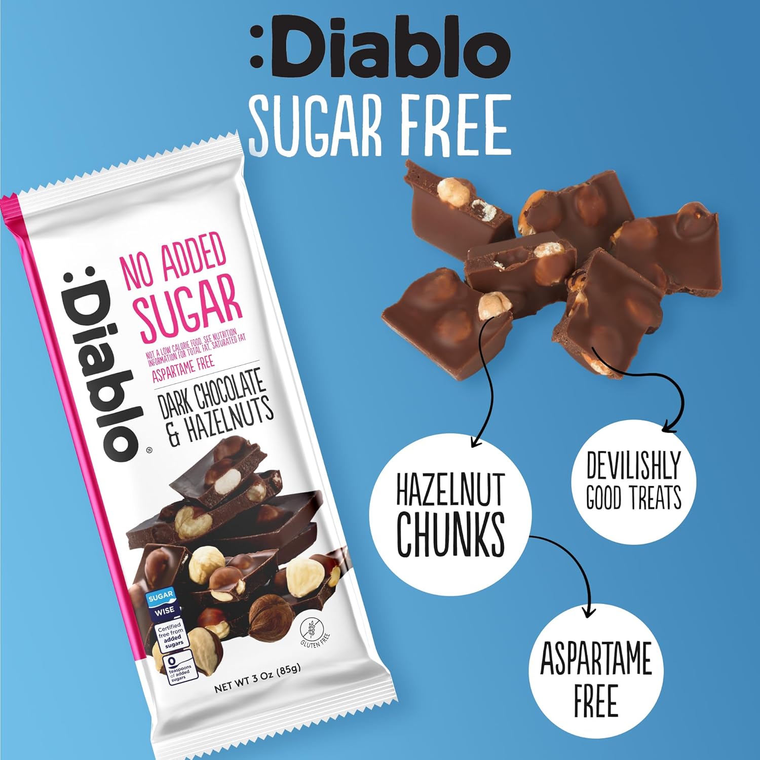 Diablo No Added Sugar Dark Chocolate with Hazelnuts Maltitol 85g - Image 3